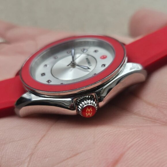 Michele Ladies Wristwatch Red Rubber Strap Analog Quartz 11 GEM Stones Watch - Picture 5 of 12